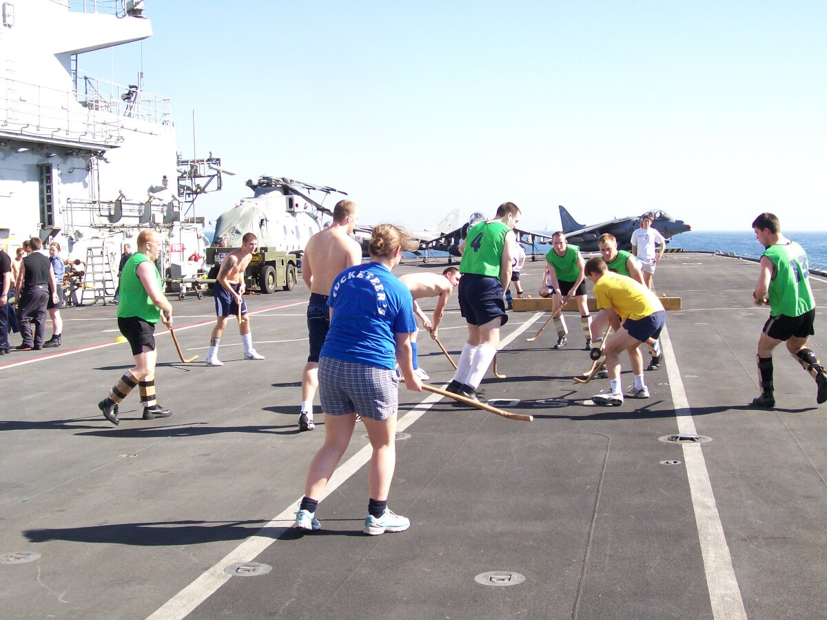 Playing hockey on the flight deck
